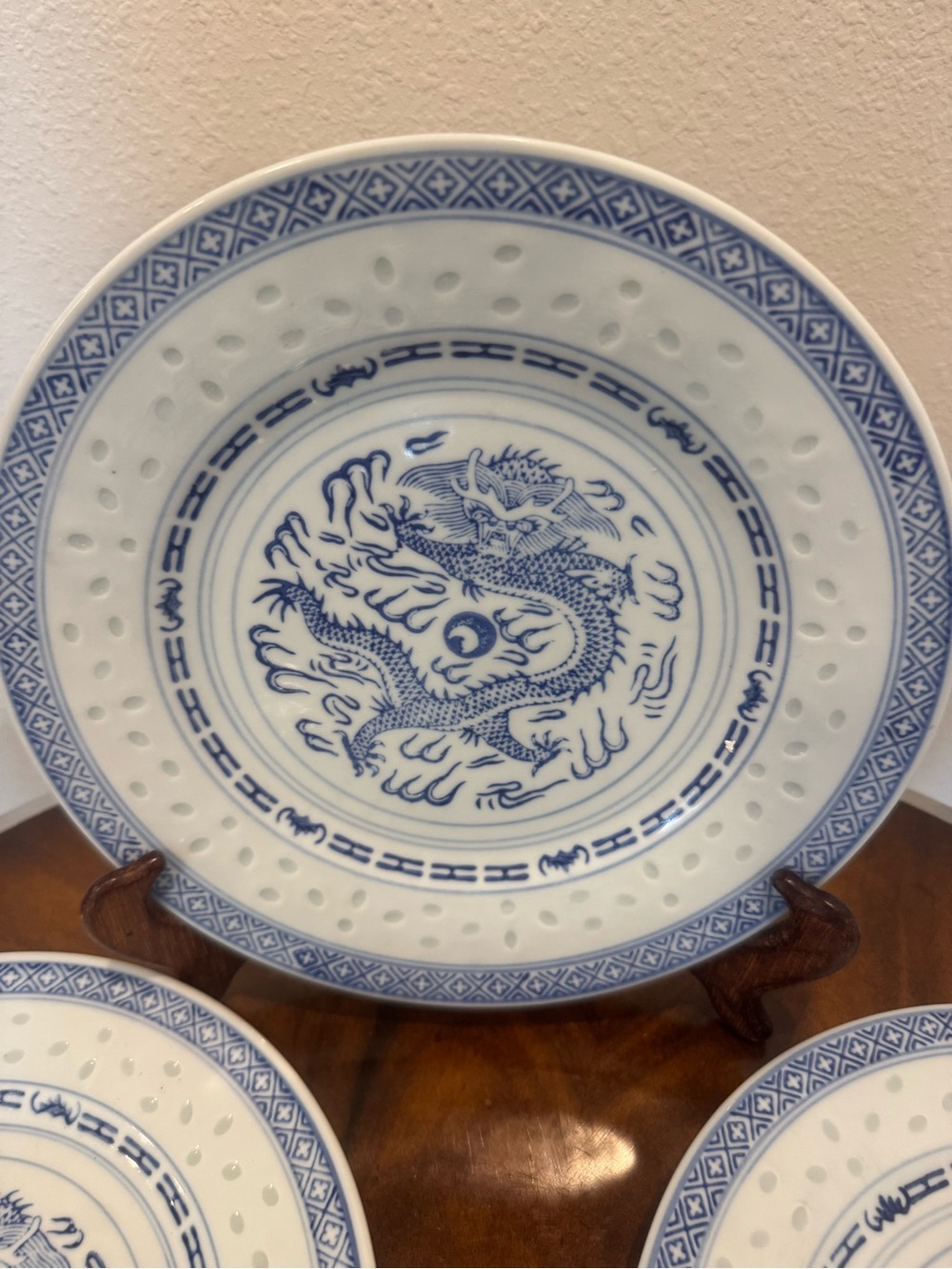 3 Jingdezhen Porcelain Dinner Plates 9” 6 Matching Porcelain Rice Bowls Dragon - Picture 12 of 16